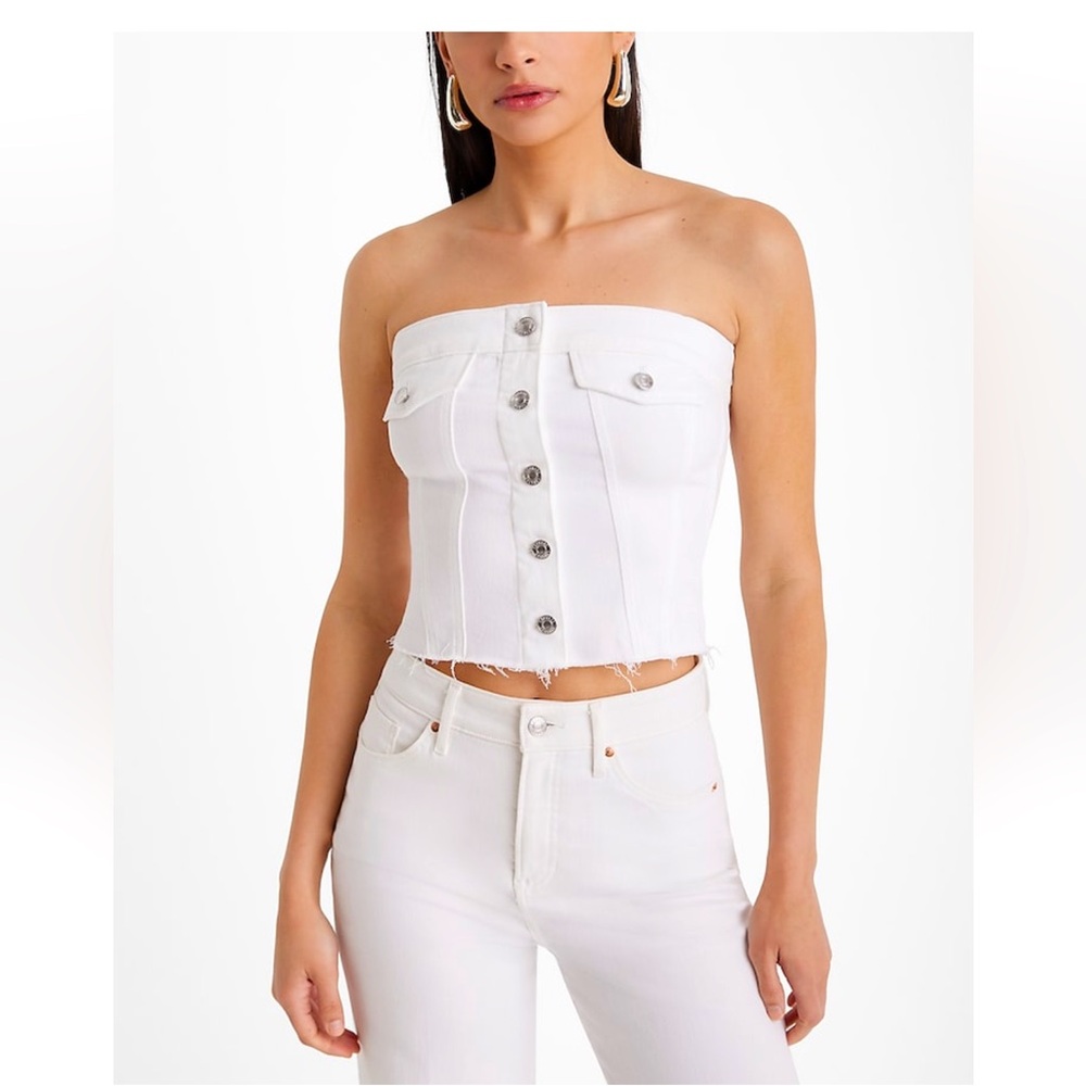 Express Woman’s Denim Strapless Button Front Tube Top, White Color, Size XS